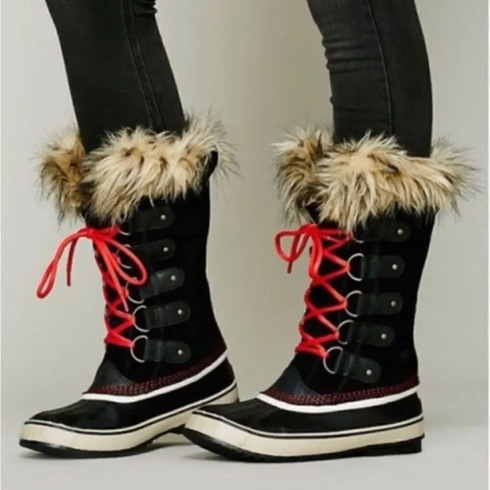 Sorel Joan Of Arctic Winter Waterproof Lace Up Black Suede Faux Fur Trim Boots 7